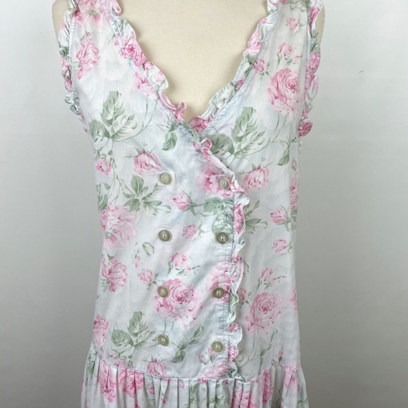 Vintage Victoria Secret Dress Medium Cotton Gold Label Pink Roses Midi Boho - Picture 2 of 8